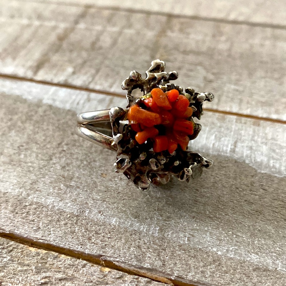 Amazing Artisan Brutalist Sterling Silver And Coral Ring